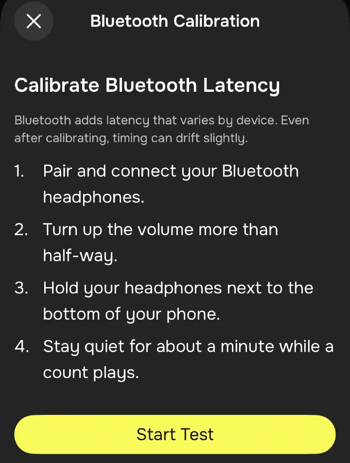 The Bluetooth headphone calibration screen in Groove Shed settings