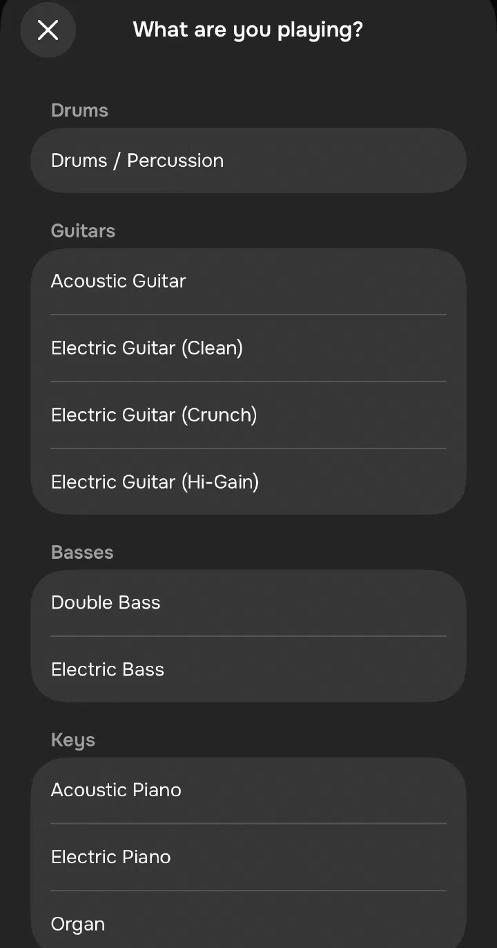 The Groove Shed instrument selection menu